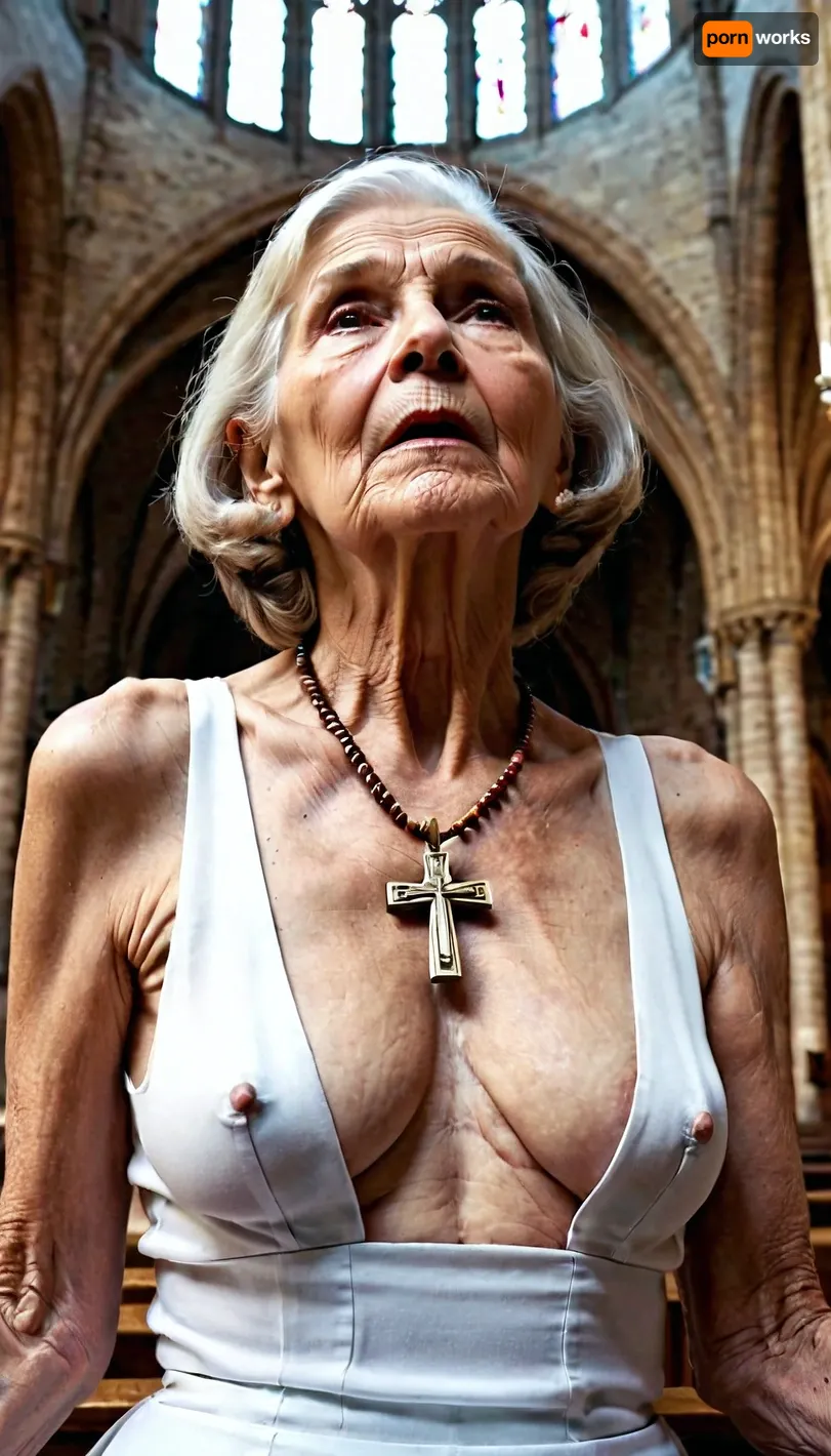 Very old grandmother, 90 years old, extremely thin, visible ribs, wrinkled and sagging skin, flat and loose breasts, empty and pendulous breasts, pierced nipples, full body, detailed face, church, cathedral, nun, fingers in pussy, cross necklace, shaved pussy, angry, screaming, looking up at the sky, angry look, ultra realistic, flat chest, small breasts, skirt lift