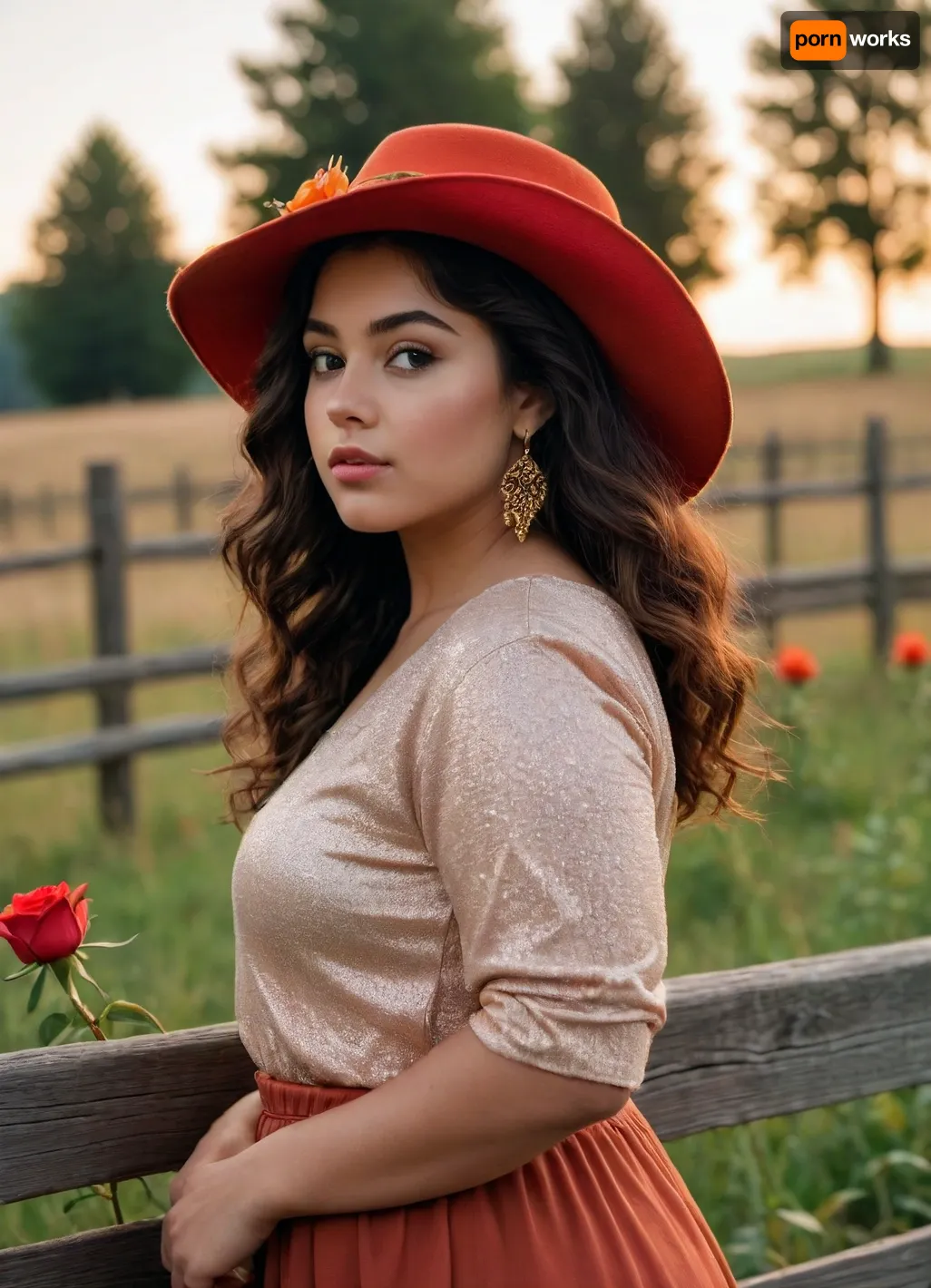 Black fat 23 years old woman in a scene with A warm orange glow stretches across the field. ROSA, stunning in her red rose hat, gold earrings sparkling, leans casually against a wooden fence. Her golden eyes shimmer like fireflies at dusk. Her hair is long and wavy