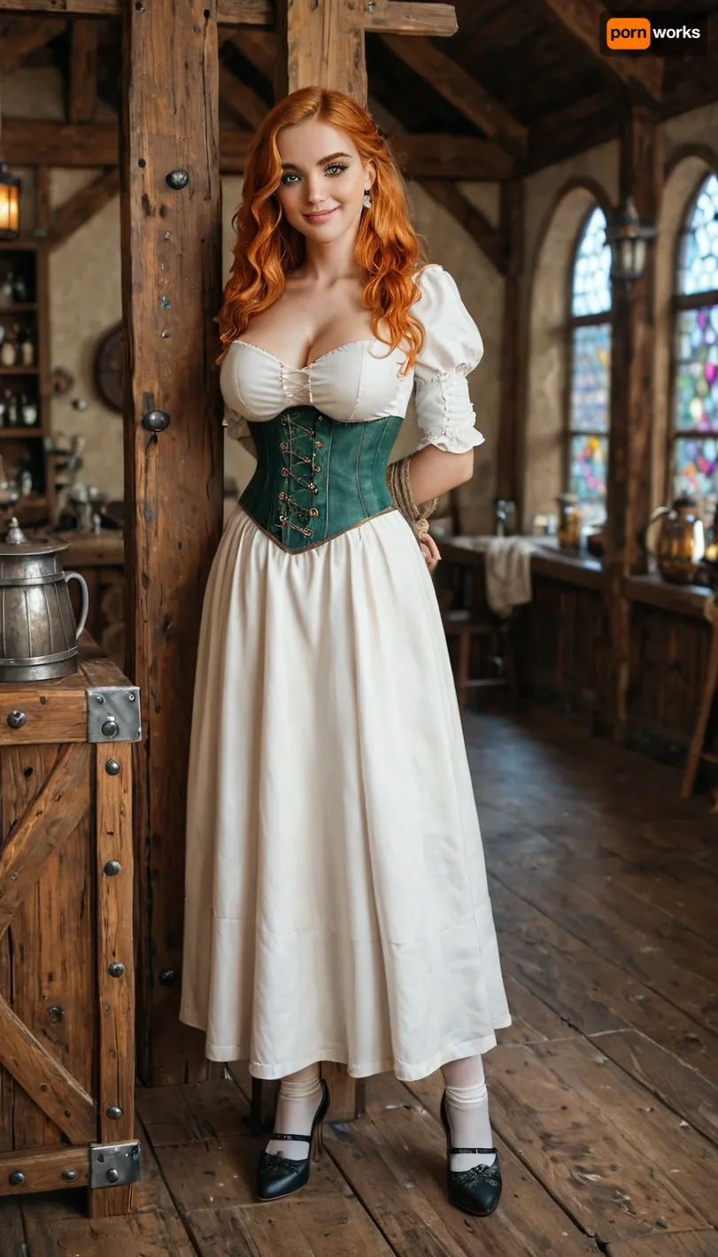 beautiful eyes with no makeup, 25 year old beautiful cute woman posing seductively in medieval tavern wench outfit with white plain medieval stockings, mischievous expression with a smug smirk, big natural breasts, long legs, very slim waist, (white tavern wench outfit with emerald colored corset and white high cut skirt exposing thighs), (medieval tavern interior), amber eyes, (tied up medieval style ginger hair), no eye makeup, long eyelashes, peeking at viewer, medieval feminine shoes, full body picture, (perfect beautiful face proportions)
