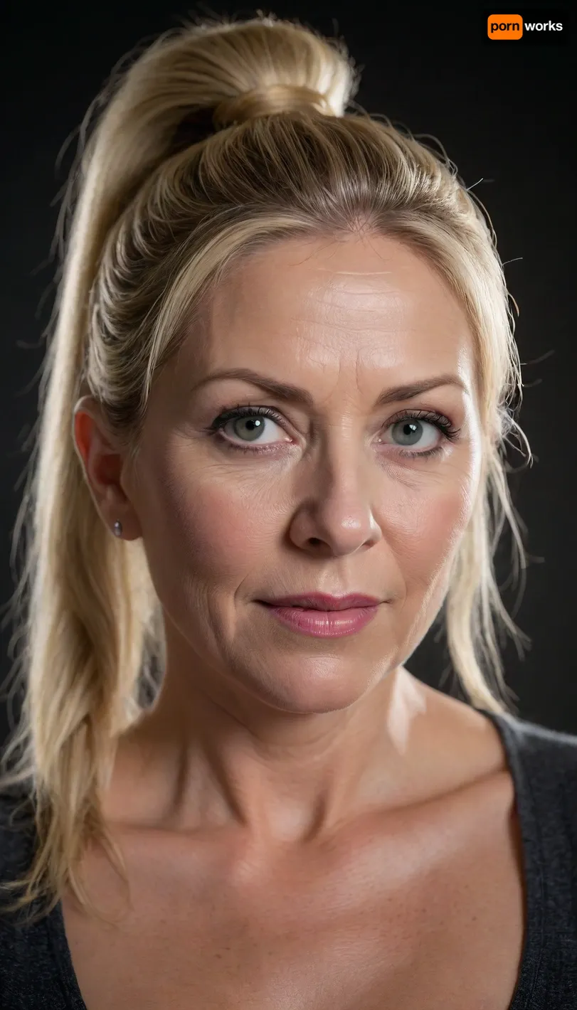 ((1 woman), (mature:1.2), milf, gilf, blonde, (mature 45 year old woman), very realistic, ponytail, (facial wrinkles:1), dim light, soft lightning, looking at viewer, (((view from above:1))), upper body view)