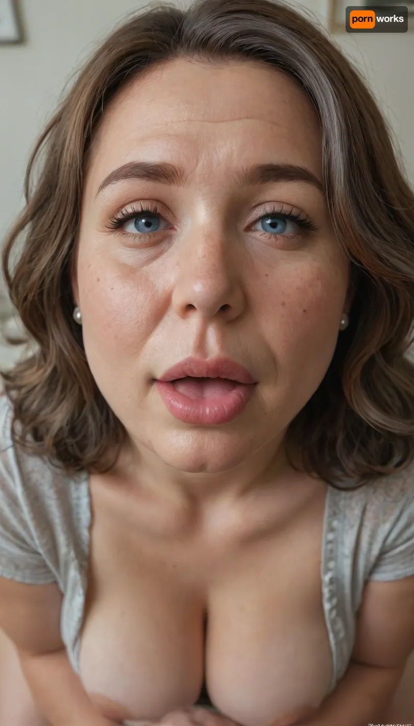 gorgeous 60 year old woman, ssbbw, (milf:1.1), (medium hair), (auburn hair with caramel and gray highlights), (mature:1.5), (freackles), (lush hair), (wealth of hair), (wrinkles), (chubby round face:1.5), big eyes, (button nose), (mature face features:1.3), big mouth, chubby cheeks, large puffy lips, crazy look, (revenging wife:1.2), drunk wife, slutty, pov kissing, on all fours, (kneeling), (clothed:1.1), eye contact, (bright captivating blue eyes:1.3), (teasing), (sagging breasts), (she is wearing a wedding ring on her left hand ring finger), (mouth open:1.3)