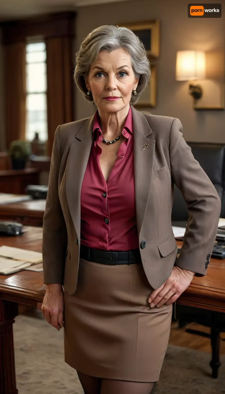 (mature:1.9), (granny:1.2), (chubby:.5), (housewife), solid, brown hair, seductive expression, looking directly at the camera, She is wearing the most beautiful colored business formal suit, blouse, blazer and skirt, Saggy, and her makeup is natural and subtle, Black stockings, The background appears to be an elegant office, The overall impression is a minimalist, simplified, formal, refined, uhd, 8k, score_9, score_8_up, sophisticated, (photorealistic:1.6), masterpiece, epic, (best quality:1.2), (details:1.2), elegant, <lora:elegant_evening_wear_ntc:1.2>, <lora:MJ52:1.2>, <lora:EnvyEleganceXL01:1.6>