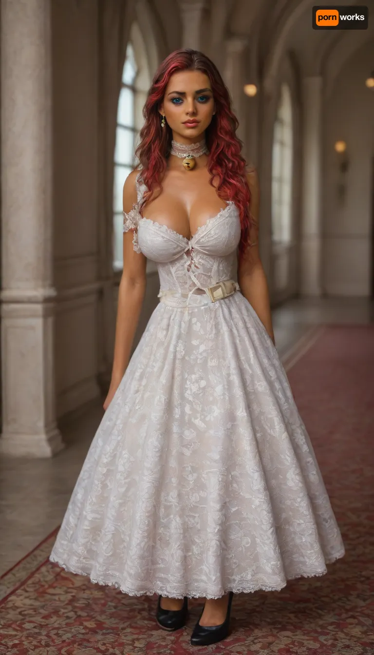 3/4 view, (pretty pettie athletic woman:1.6), (brunette with red highlights:1.6), (eye shadow:1.6), (olive skin:1.6), ((blue eyes)), (tight big breasts), cheeky expression, Submissive, Nymphomaniac, (black heels), (lace victorian dress:1.6), (lace collar with bell), Victorian Mansion Bedroom