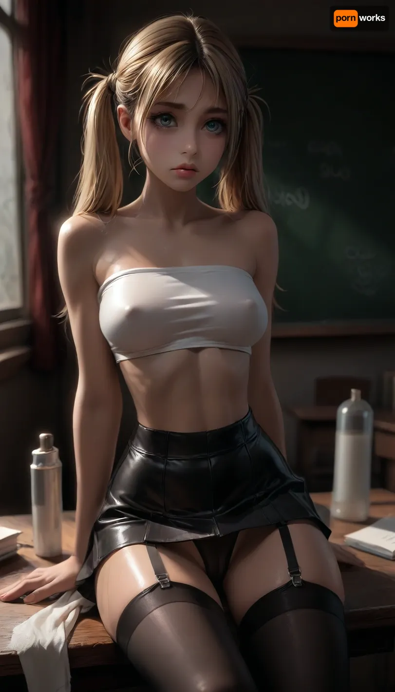 night, solo girl, clear weather, (((18 years old))), (sitting on her knees), (micro tight leather skirt), ((white tube-top:1.5)), (black stockings with garters), ((garters)), (white g-strings), (((young))), (shy face:1.4), (tight outfit), (blonde long pigtails), (athletic body:1.5), (classroom), ((wide hip gap)), wide hips, (narrow waist:1.4), (view from front:1.6), (makeup), ((pussy cameltoe:1.1)), (shining wet clothes), (makeup:1.2), (oiled skin:1.5), hand, 1girl, (athletic ass:1.6), (medium natural breast:1.5), (high detailed face:1.5), dim lights, (hard nipples:1.1), (chiaroscuro lighting:.3), (reiq style), Melkor Mancin artstyle, cinematic lighting, <lora:dark:.3>, <lora:cartoon_stickers_xl_v1:1>, <lora:ratatatat74-000050:1.6>, clothes, no, bra, covered, nipples, <lora:nobrav1_SDXL:.8>