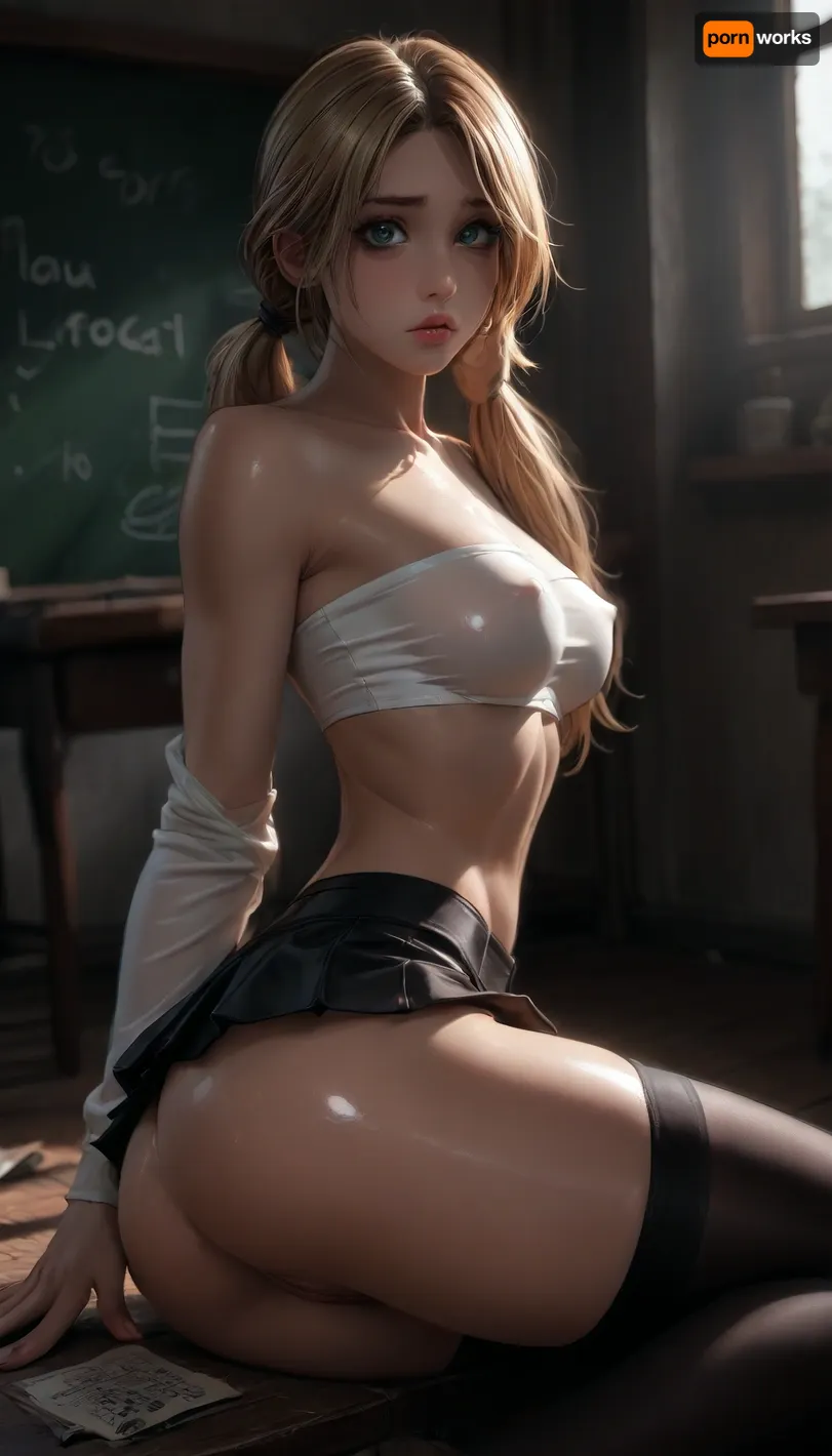 night, solo girl, clear weather, (((18 years old))), (sitting on her knees on the floor), (micro tight leather skirt), ((white tube-top:1.3)), (black stockings with garters), ((garters)), (white g-strings), (shy face:1.4), (tight outfit), (blonde long pigtails), (athletic body:1.5), (classroom), ((wide hip gap)), wide hips, (narrow waist:1.4), (view from front:1.6), (makeup:1.3), ((pussy cameltoe:1.1)), (shining wet clothes), (makeup:1.2), (oiled skin:1.5), hand, 1girl, (athletic ass:1.6), (medium natural breast:1.5), (high detailed face:1.5), dim lights, (hard nipples:1.1), (chiaroscuro lighting:.3), (reiq style), Melkor Mancin artstyle, cinematic lighting, <lora:dark:.3>, <lora:cartoon_stickers_xl_v1:1>, <lora:ratatatat74-000050:1.6>, clothes, no, bra, covered, nipples, <lora:nobrav1_SDXL:.8>