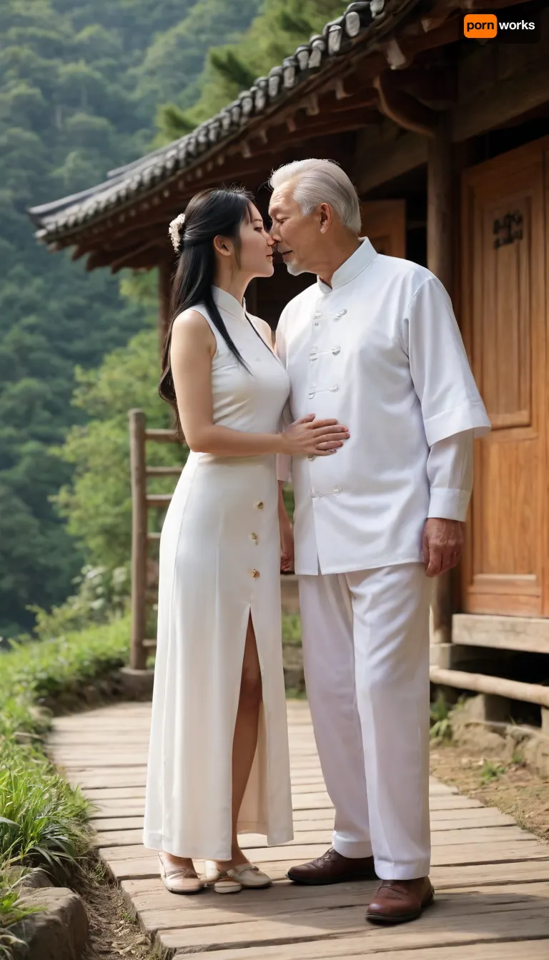 (1 Chinese girl), (1 elderly Chinese man), full body, girl with long black hair, slim figure, large breasts, wearing a white Chinese-style cheongsam with buttons and a bun, holding hands with a man, smiling, elderly Chinese man with white hair, walking on a mountain path, there is a wooden hut not far away, kissing, touching buttocks, Chinese rural wooden house, sunny day, stream flowing, 3/4 view, (kissing) (1 Chinese girl), (1 elderly Chinese man), full body, girl with long black hair, slim figure, large breasts, wearing a white Chinese-style cheongsam with buttons and a bun, holding hands with a man, smiling, elderly Chinese man with white hair, walking on a mountain path, there is a wooden hut not far away, kissing, touching buttocks, Chinese rural wooden house, sunny day, stream flowing, 3/4 view, (kissing)