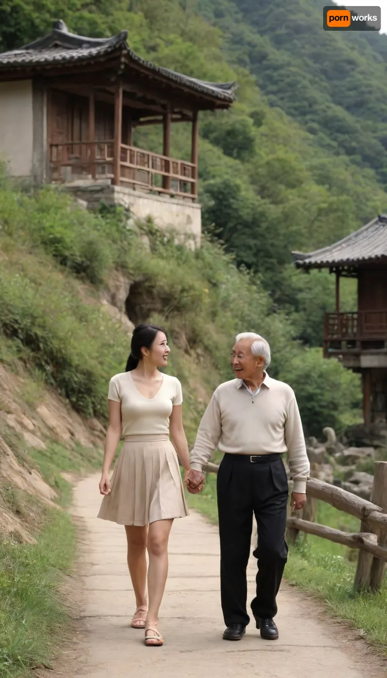 (1 Chinese girl), (1 elderly Chinese man), full body, girl with long black hair, slim figure, large breasts, wearing a beige thin short-sleeved sweater, a medium-length one-step skirt, with her hair tied in a bun, holding hands with a man, smiling, elderly Chinese man with white hair, walking on a mountain path, there is a wooden hut not far away, kissing, touching buttocks, Chinese rural wooden house, sunny day, stream flowing, 3/4 view, (kissing) (1 Chinese girl), (1 elderly Chinese man), full body, girl with long black hair, slim figure, large breasts, wearing a beige thin short-sleeved sweater, a medium-length one-step skirt, with her hair tied in a bun, holding hands with a man, smiling, elderly Chinese man with white hair, walking on a mountain path, there is a wooden hut not far away, kissing, touching buttocks, Chinese rural wooden house, sunny day, stream flowing, 3/4 view, (kissing)