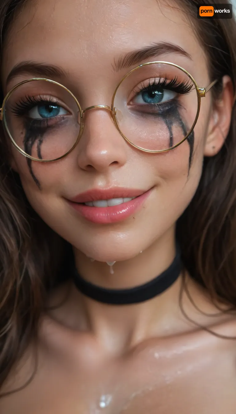 (Young petite tiny cutie girl:1.7), 18 years old, masterpiece, (shiny skin), (((close-up face:1.8))), (skinny:1.5), brown long hair, (blue eyes), (ruined makeup:1.4), (seductive smile:1.4), (((very very big long eyelashes))), (very busty:1.7), (ab crack), ((wet Skin)), ((round glasses)), choker, (cum on skin:1.3), covered long erect nipples, (in the shower), ((she is wearing fishnet stockings contrasting)), shadows, bright light patches, light caustics, (Dynamic angle:1.5), (((best quality))), amazing quality, high contrast, volumetric lighting, intricate details, view from side, (((photorealistic))), (((very big lips))), pink lipstick, <lora:illustrious_styles_v3_vpred:.1>, <lora:678016_training_data:.8>, facialized, superfacialized, <lora:facialized:.8>