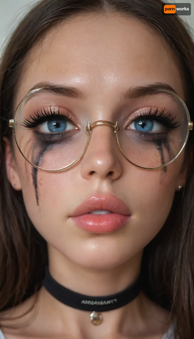 (Young petite tiny cutie girl:1.7), 18 years old, masterpiece, (shiny skin), (((close-up face:1.8))), (skinny:1.5), brown long hair, (blue eyes), (ruined makeup:1.4), (arrogant look:1.4), (((very big long eyelashes))), (very busty:1.7), (ab crack), ((wet Skin)), ((round glasses)), choker, covered long erect nipples, (in the shower), ((she is wearing fishnet stockings contrasting)), shadows, bright light patches, light caustics, (Dynamic angle:1.5), (((best quality))), amazing quality, high contrast, volumetric lighting, intricate details, view from side, (((photorealistic))), (((very big lips))), pink lipstick, <lora:illustrious_styles_v3_vpred:.1>, <lora:678016_training_data:.8>, facialized, superfacialized, <lora:facialized:.8>