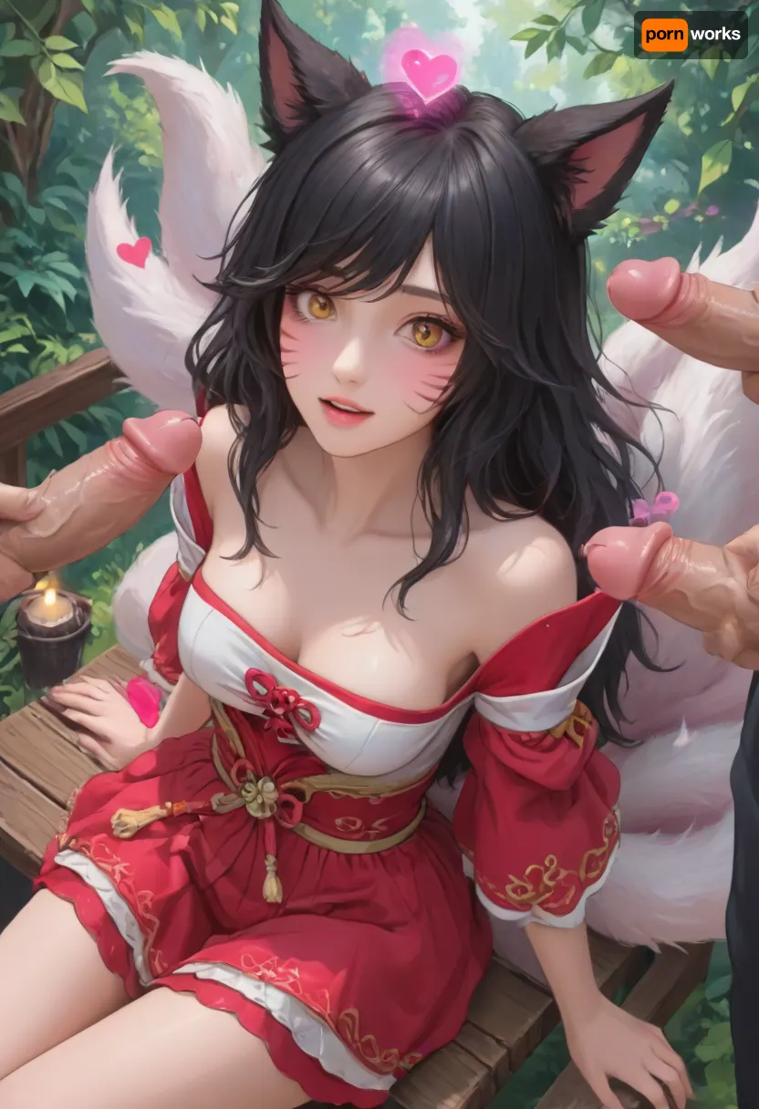 (anime:2), (ahri from league of legends:1.5), green forest background, cAndle light, deep neckline, (skinny), medium breasts, sitting on bench, high angle shot, white tails, magic sphere, black hair, flying pink hearts, 2+boys, big erect penises, (joyful), cute, big eyes, <lora:outline_xl_kohaku_delta_spv5x:.5>, <lora:NEOTOKIOXL_0.2_RC:.7>, <lora:Ppolar-P3v1-NbVp10:.7>, <lora:cartoon_stickers_xl_v1:.7>, <lora:detailed_notrigger:.8>