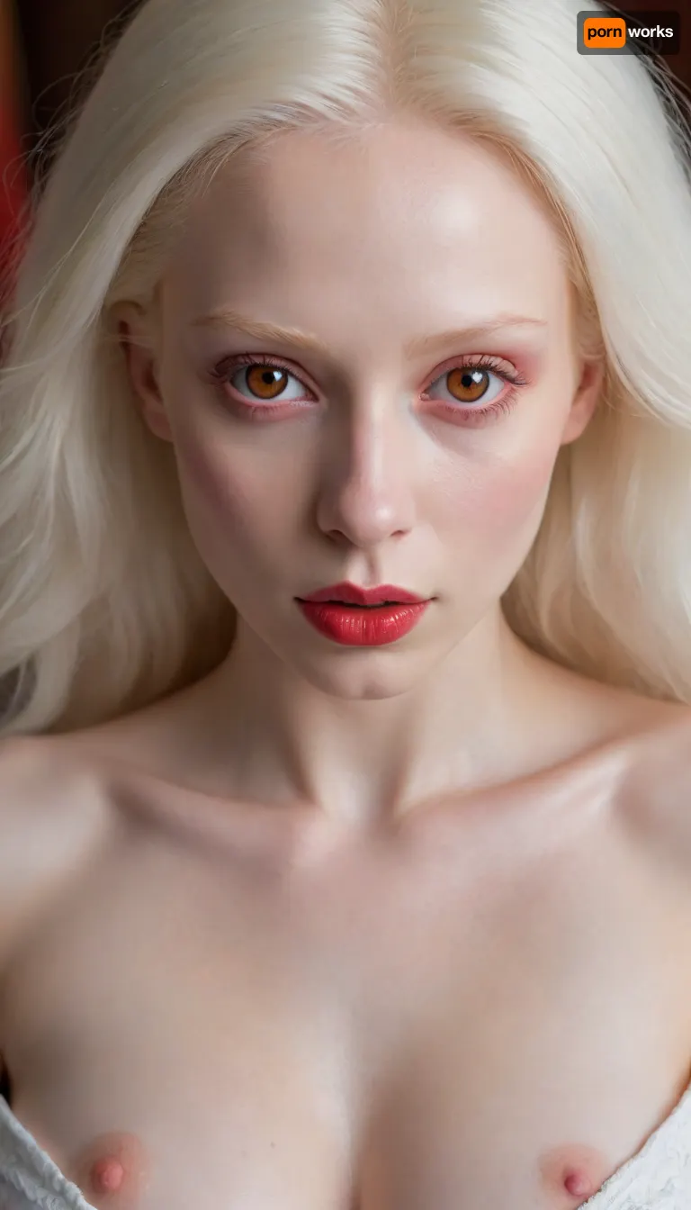 ((uhd), cinematic masterpiece, luxurious details, ultra-detail, noise-free, photorealism), full body, (bolumetric light), 1.3, the unique beauty of the albino woman, (angelic face, perfect face), (albino:1.5), with, (very white eyebrows), 1.5, and, (very white eyelashes, red eyes:1.5), with her hair, (very white:1.5), (released to the wind), 1.2, (angelic face), 1.4, ((the unique albino beauty of 20 years)), full frontal naked, huge breasts, six pack, huge hips, open cameltoe big pussy lips, long legs spread apart.