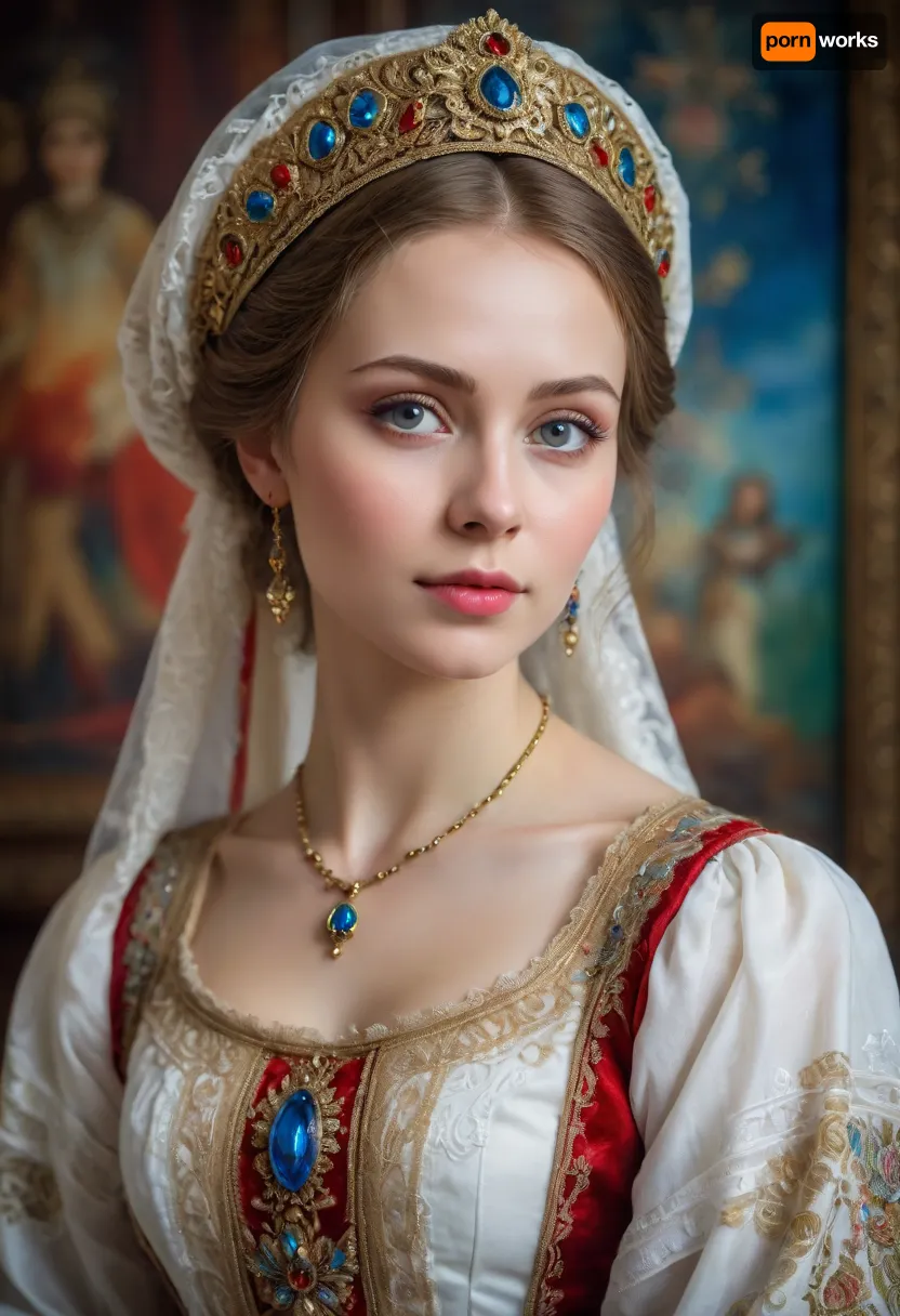 Portrait of a Russian beauty in national costume, lace filigree of bright, rich color. Super clear, highly detailed watercolor, glaze technique, plus colored alcohol ink, style of V. Vasnetsov