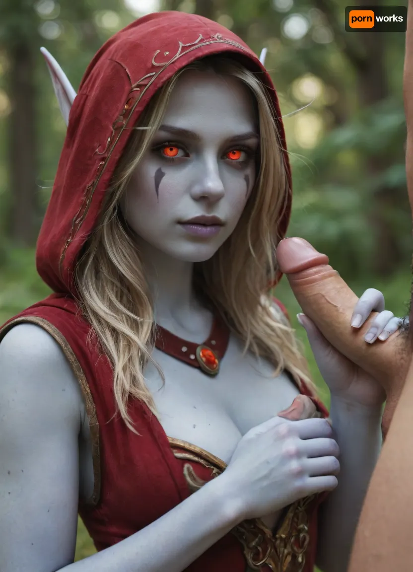 lightblue skin, world of warcraft, sylvanas windrunner, bansheequeen, breasts, Handjob