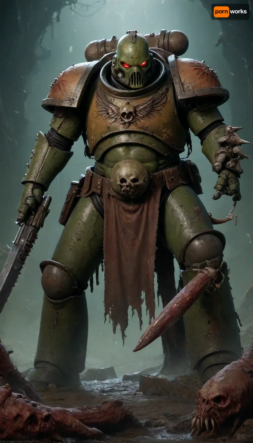 ((Plague Marine)), Captain Typhus, a lot of rust and cracks in the armor, intestines from the stomach, no helmet, vomit, A battle scythe in hand, metal corrosion, Cracks in the metal, a lot of cracks, thick ichor and pus flowing from the cracks. Tentacles fall out of a hole in the stomach. Guard, plague, Nurgle, flies, rot, Dark, Fantasy, page, bile, moisture, mold, <lora:AdvancedEnhancerXLv2:2>, <lora:Dark Fantasy:2>, <lora:262372_training_data:2>, <lora:Astartes-000007:2>
