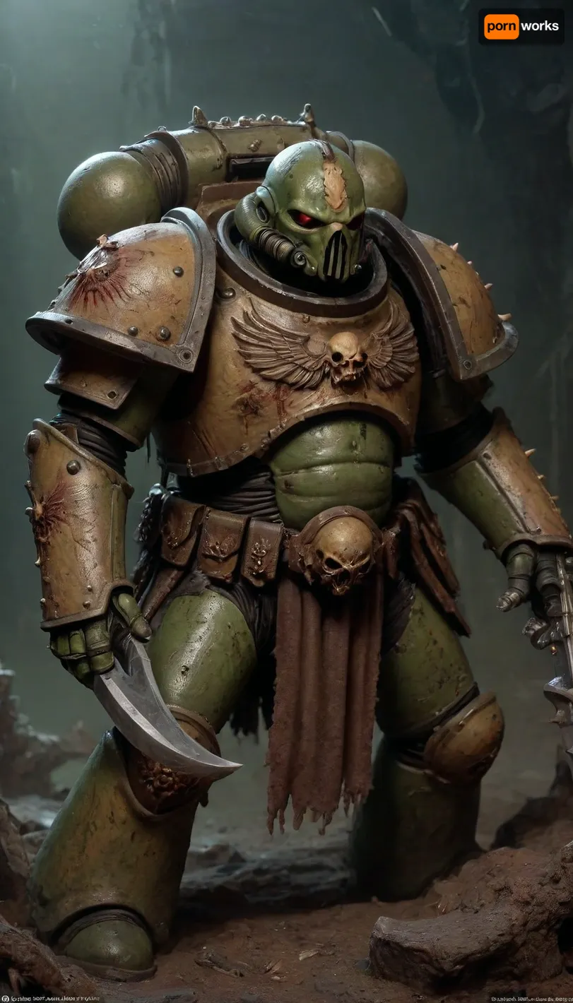 ((Plague Marine)), a lot of rust and cracks in the armor, intestines from the stomach, no helmet, vomit, A battle scythe in hand, metal corrosion, tentacles fall out of a hole in the stomach. Death Guard, plague, Nurgle, flies, rot, Dark, Fantasy, page, bile, moisture, mold, <lora:AdvancedEnhancerXLv2:2>, <lora:Dark Fantasy:2>, <lora:262372_training_data:2>, <lora:Astartes-000007:2>