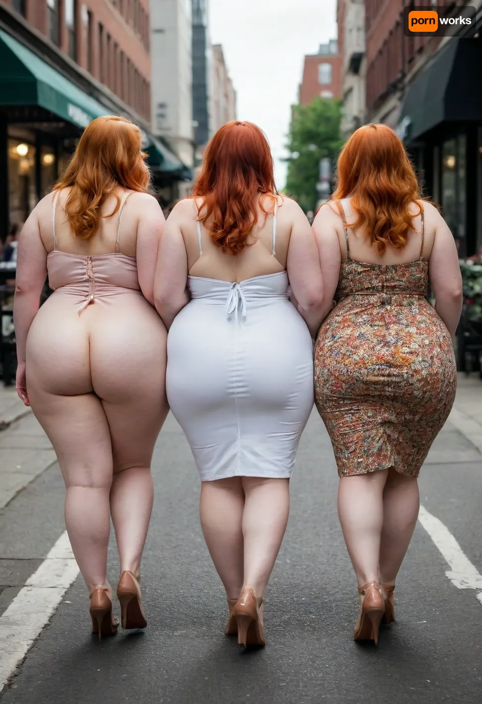 woman, a photo of three pale white ssbbw women walking next to each other, 3women, redhead, ginger, blonde, multiple women, windy, from behind, multiple asses, bare butts, on a busy city sidewalk, wearing multicolored dresses, best quality, fine details, L1NAL1S, <lora:L1NAL1S_last:.8>, tr1b00b, <lora:934368_training_data:.8>