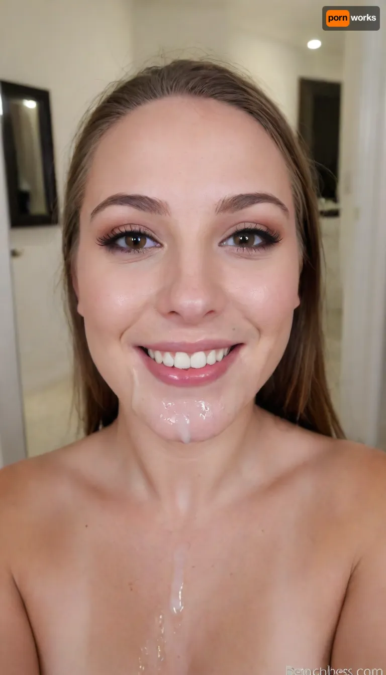 Mirror selfie of a girl showing off her face covered with cum after receiving a, (massive facial cumshot), . Sperm all over her face, eyes, cheeks, mouth, forehead, chin and hair. Loads of cum. Glazed shiny face.Thick white sperm. She is taking a mirror selfie in front of a mirror with an iPhone. She is holding the iphone. She is not wearing any makeup. Detailed Realistic natural skin texture. Short regular nails. Extremely amateur picture vibe. She as acne on her face. Shy smile