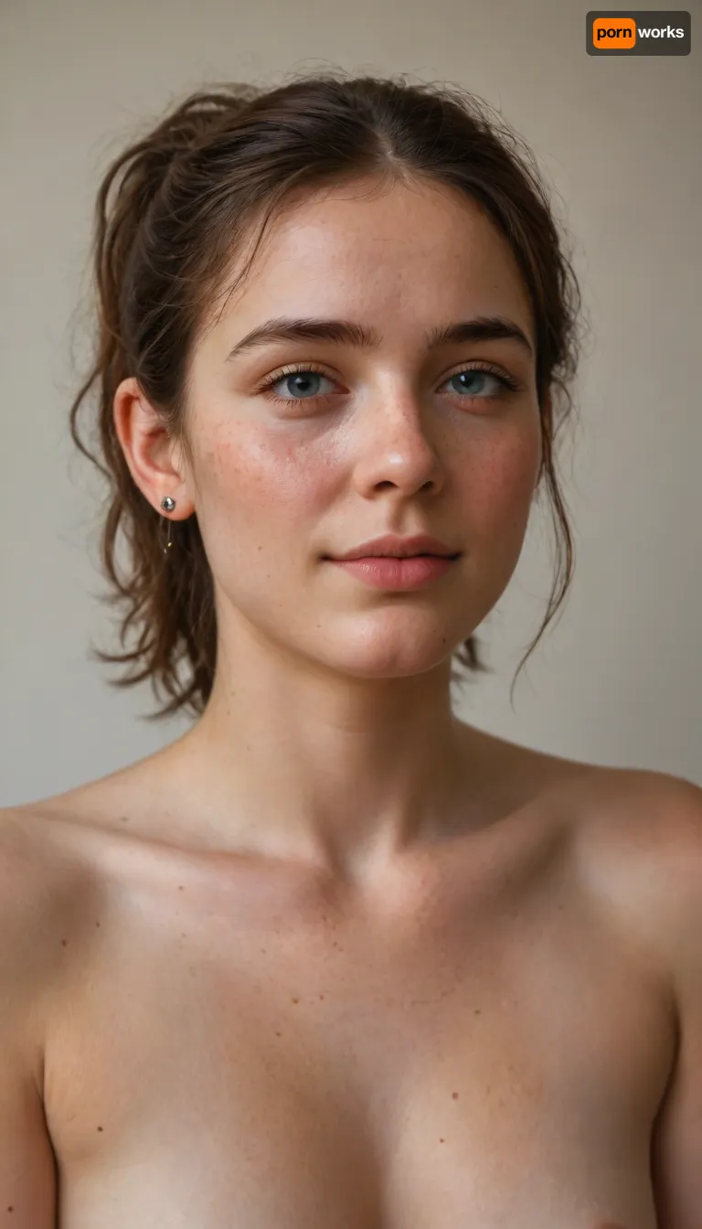 Adorable picture of 1 ashamed petite pale girl. Cute face. Sweet eyes. Shy smile. Extremely detailed realistic skin texture. Messy brunette hair. Ponytail. Natural skin without any makeup. The picture has lots of traits that gives it an extremely amateur and homemade vibe. Freckles, (((Acne))), spots, skin imperfections. Giggling., (Full body picture), of her shorty petite body.