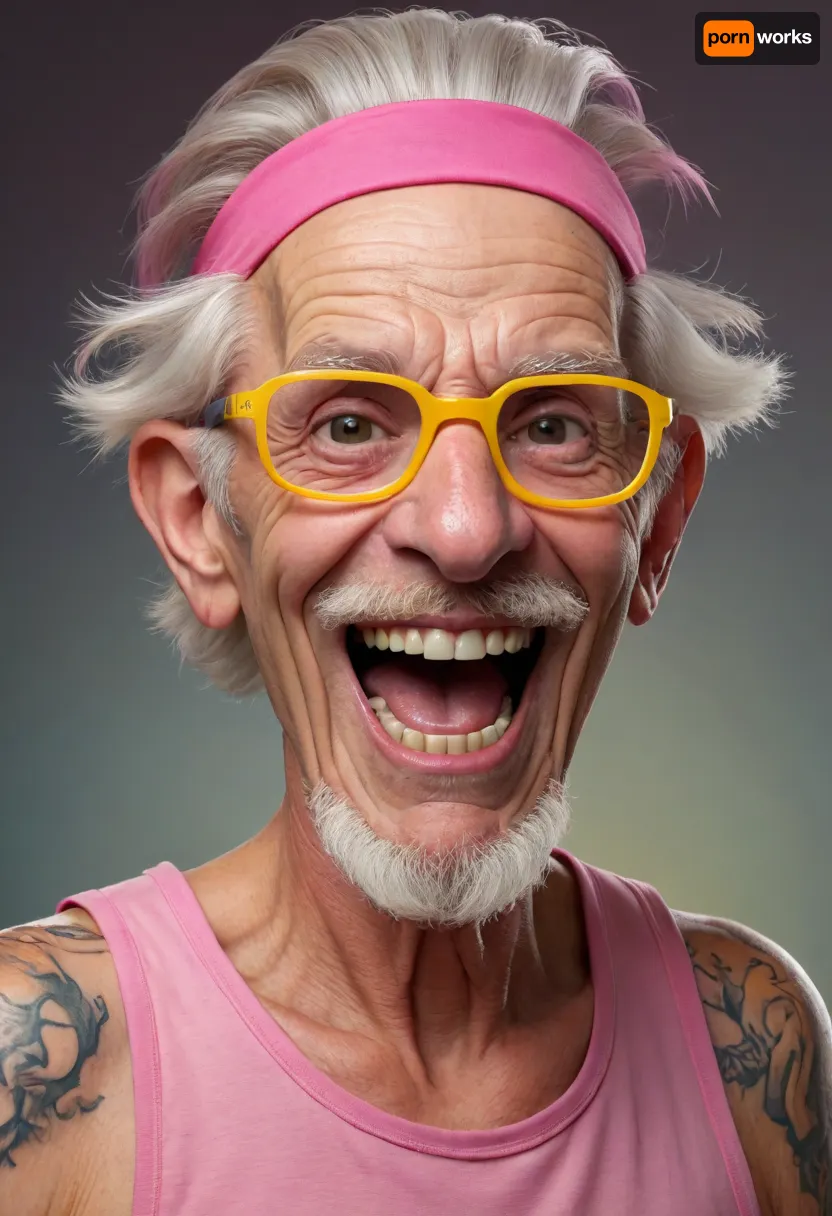 funny caricature, rebellious elder punk caricature, elderly caucasian male, 70 years old, tattooed skin, slicked-back white hair, gritty teeth, big cartoonish head, exaggerated caricature features, mischievous expression, (wearing pink headband), (yellow tank top), thick frame glasses, vibrant colors