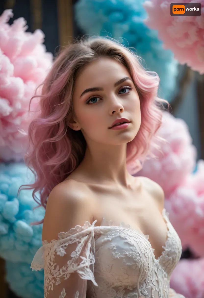 artistic, portrait, on a cloud of cotton candy, view from back, a stunning supermodel, a beautifully detailed face with captivating eyes and a serene expression, natural beauty, flawless skin, delicate features, blends modern and traditional elements, elegant lines, vibrant colors, exquisite details, her hair is styled in an intricate and unique fashion, ethereal and timeless aura, the lighting enhances her features, creating a soft interplay of light and shadow, clarity, she is wearing a lace wedding dress, stretching pose, floating hair, breathtakingly, radiant, magnificent, engaging with space, interplay of light and shadow, beautiful colors, vibrant colorings, high dynamic, amazing depth, slow shutter speed, elaborate and elegant elements, timeless fine art. END, /#©KlTTY-ART/