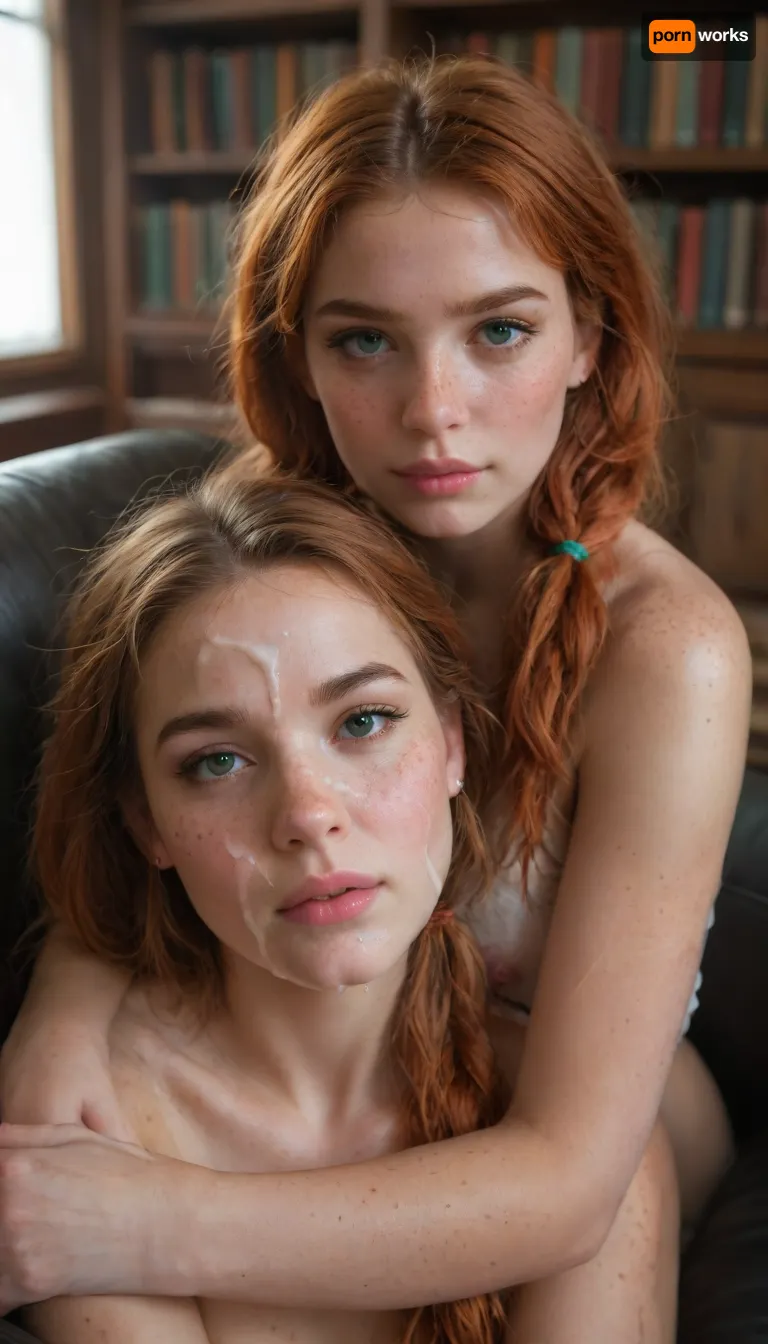 beautiful sexy very petite mature woman with fiery orange ginger hair and green eyes, hair in long symmetrical pigtails, (freckles:1.5), (cum on face:1.5), sitting in a plush brown leather armchair in a dimly lit library, raw photo, 8k, <lora:JustCum:1.5>, <lora:LPFRECKLES_lora:.8>
