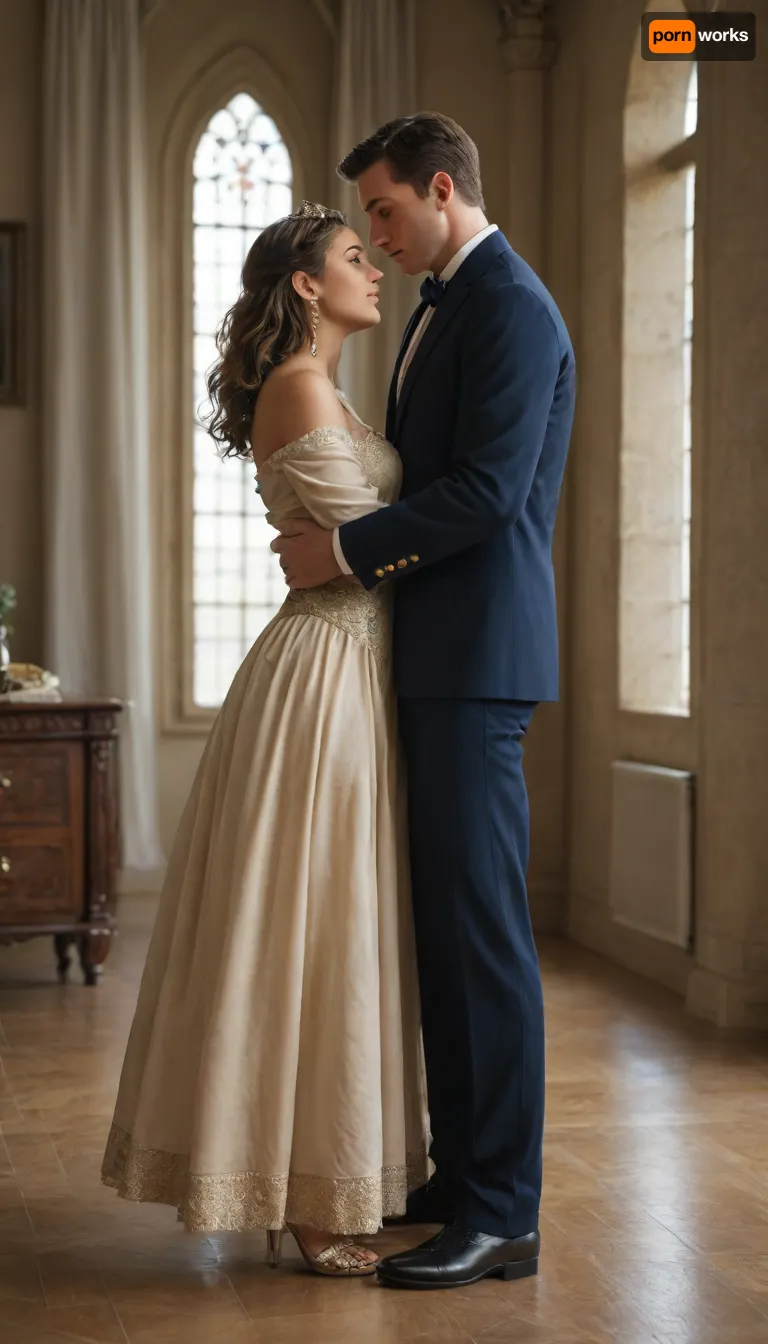 1 woman, 1 man, ultra-realistic, ultra-symmetrical human anatomy, full body, very detailed skin, hair, and clothing textures, natural facial expressions, cinematic golden hour lighting, magical warm glow, ballroom or balcony of a majestic fairy tale castle overlooking sunset landscape, soft flowing curtains and chandeliers in background, gentle breeze moving hair and clothes, dreamy and romantic royal atmosphere, Woman, 18-20 years old, 170 cm tall, hourglass figure, long wavy chestnut hair cascading elegantly, wearing a flowing royal ball gown inspired by Beauty and the Beast, deep royal blue with golden embroidery, off-shoulder design, voluminous floor-length skirt, delicate jewelry, (earrings, tiara), subtle soft makeup enhancing natural beauty, Man, 20-25 years old, 185 cm tall, athletic build, short dark hair, wearing a tailored ceremonial suit with gold accents, high-collar coat, fitted trousers, polished shoes, subtle royal accessories, (brooch, ring), Pose, embracing gently but intimately, woman’s arms around man’s neck, man’s hands on woman’s waist, both eyes closed, soft romantic smiles, slightly leaning toward each other, cinematic side angle, full body visible