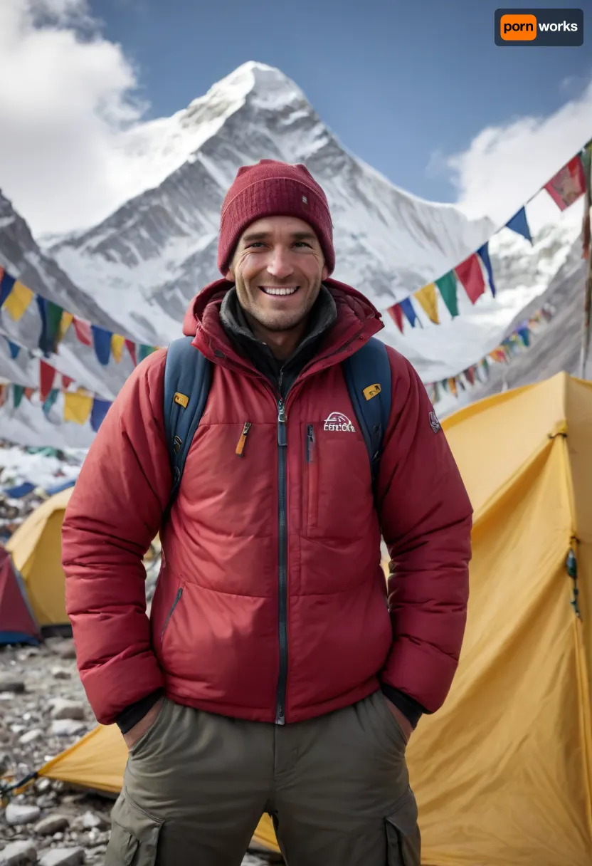 a climber at Mount Everest base camp, posing for photo with a big smile, Mount Everest centered in background, (photo realistic:1.3), (highly detailed, sharp focus), 35mm photo, wide angle, cold weather tents in background, pennants in background