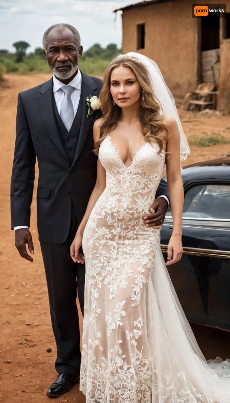 memorable wedding photo, big perky boobs, 1 stunning, (((russian bride))), with long dark blonde hair and radiant skin in a deeply cut V-neck lace, (((sexy micro dress wedding))), gown with sheer, exuding hot and seductive charm, 1 very bad, (((african old man))), bad fat features in black suit, standing close, both confidently, in an African countryside ghetto ultra detailed image, best quality, photorealistic style, no distortion