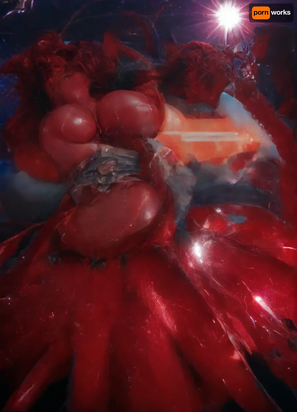 (succubus:1.6), Well-built, long ponytail, red skin, shiny skin, (Long lashes), red lipstick, round breasts, topless, round ass, big hips, orgasm, neon, wet and juicy pussy, succubus armour, lying on red sparkly cushions, bing bing bed, relaxing, disco room, disco light