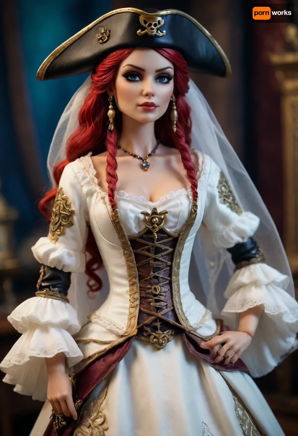 Transform a feminine pirate bride into a collectible toy figure, high dynamic, /#©KlTTY-ART/
