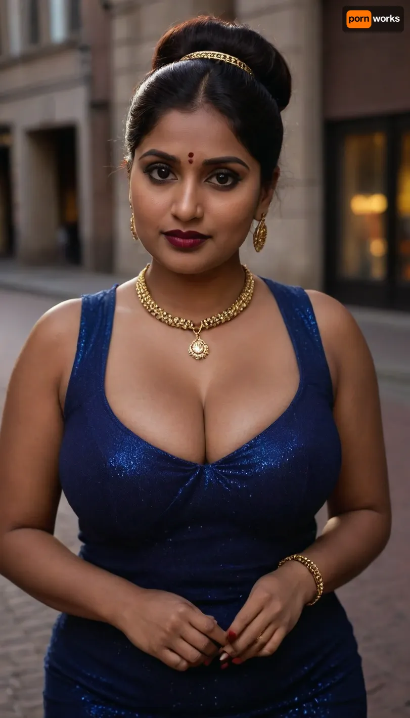 Indian sexy beautiful mature women 40 yo stylish voluptuous curvy body bbw, in a blue sleeveless bodycon glitter dress, city square, big bust, she has burgundy lipstick, elaborate black necklace big moles on cleavage. Bracelet golden bangles, She has long hair tied in a bun, seducing smirks, brown skin, skin, chiaroscuro, low-key, Mayra, <lora:Darker_skin_SDXL:.5>, <lora:zavy-cntrst-sdxl:.3>, <lora:Mayra-10:.5>