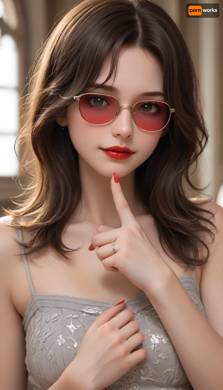 The image shows a yo girl wearing a sleeveless gray dress with decorative details on the shoulders. She has long, wavy brown hair and is smiling while applying red lipstick. She holds a red lipstick in one hand and a compact mirror in the other, which is partially open. Red sunglasses rest on top of her head, and she has pinky-red nail polish, matching her lipstick. The background is plain and light-colored, emphasizing her as the focal point.