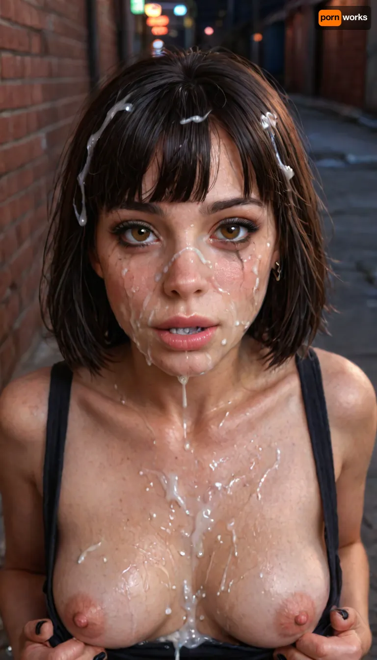 UHD, 8k wallpaper, (maximum quality:1.5), (ultra high resolution:1.7), (masterpiece:1.2), (full body view), award winning photo, (Extreme:1.5), (insanely detailed:1.9), (realism:1), (realistic:1.7), (hdr:1.4), hyper-detailed realistic body, hyper-detailed realistic face, hyper-detailed realistic eyes, hyper-detailed realistic skin, hyper-detailed realistic breasts, hyper-detailed realistic hair, (warm ambient light:.5), (shadows:.4), (Cum details), realistic cum, Prominent cum, (white cum:1.7), (cum on tits:1.3), cum on, (Cum flows:1.2), (cum on body:1.3), cum on hair, (cum on face:1.3), bukkake, ((Clothes and body covered with semen)), Score_9, 100% exact matching 30 years old Pornstar Aidra Fox, (((ultimate realistic 30 years old), (1.68 meters), (57kg), (ultimate realistic 30 years old slutty Pornstar Aidra Fox aged_real_body:1.1), (ultimate realistic 30 years old slutty Pornstar Aidra Fox aged_real_face:1.7), brown eyes, straight glossy black bobcut, bangs, pale skin)), goth makeup, goth, ruined eye makeup, black hair, black tantop pulled up to expose breats, black nails, straight hair, small petite tits, holding own tits, cum, on, face, tits covered in cum, (A lot of cum:1.5), aroused, dark alley at night, neon lights, dark, night, alley at night, felatio, oral sex, blow job, view from above, pov, cock in mouth, cheek bulge, cheek bulged out by cock in mouth, blowjob fellatio deep throat, ultimate realistic 3d rendering perfection, cinematic photography, cinematic lightning, professional depth of field, 3-point lightning, sharp eye focus, (full frontal), night time, (volumetric lighting), professional photographer shot on kodak, 35mm photo, sharp focus, high budget, cinemascope, 100 mm lens, 1/250 s, f/2.8, ISO 300, (/pornography/bukkake/), 30 years, old, Pornstar, AidraFox, aidraxx, <lora:JustCum:2>, <lora:aidraxx-3e:2>, <lora:LCMTurboMix_Euler_A_fix:.4>, <lora:detailed_notrigger:1.1>, <lora:photorealistic_portrait_notrigger:1.5>