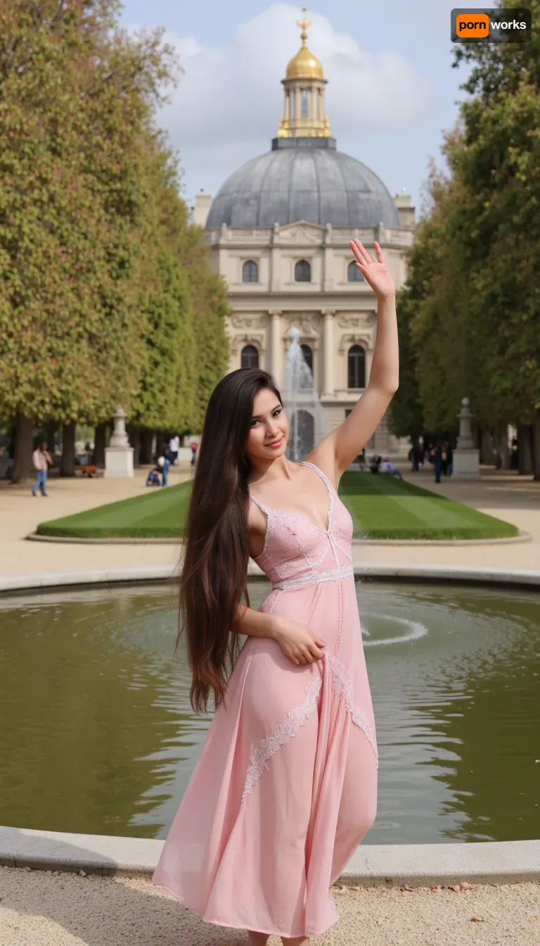 (Masterpiece, 8k, ultra realistic, high quality photography, hdr, High resolution, perfect image composition), Dive into the enchanting world of the Tuileries Garden featuring a beautiful bengali woman as the main character. Imagine a refined landscape where blooming trees, manicured lawns, and majestic fountains create an atmosphere of tranquility and beauty. Our heroine, with her exquisite features, long flowing hair, and delicate attire, embodies the harmony and elegance of this historic place. The image reflects the stunning works of art that show the charm and grace of the girl in the Tuileries Garden