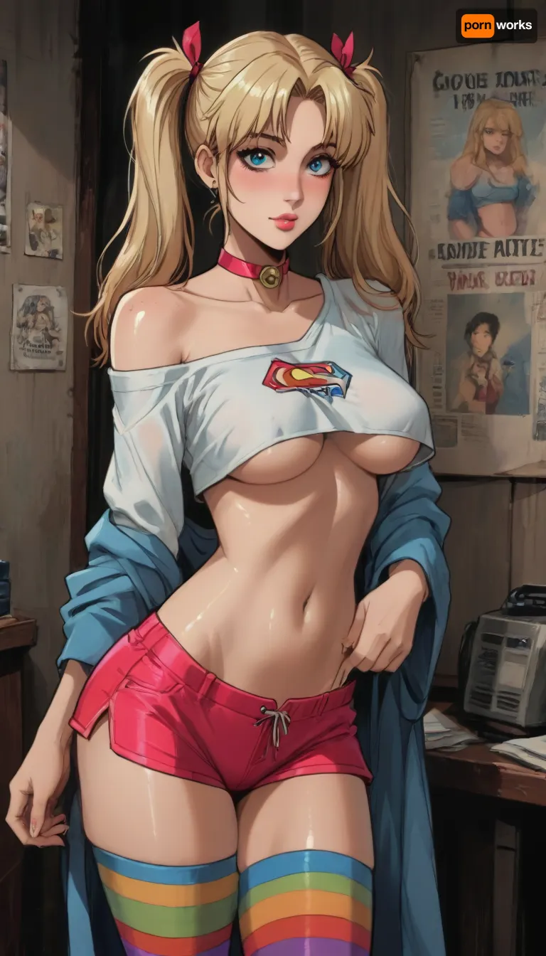 Score_9, score_8_up, score_7_up, (reiq meets markgavatino artstyle), supergirl, (milf:1), ((mature woman face)), (milf, mom, stepmom), long hair, blonde long hair, messy hair, (colorful shorts), (underboobs:1.3), (large breast), freckles, thick lips, beautiful hyper big round eyes light blue eyes, looking at viewer, alluring, inviting, dynamic pose, (standing), perfect skin, extremely beautiful face, messy bedroom, high gap, wet shiny skin, body, hinata waist, pigtails, ribbons, collar, rainbow stockings, full lips, blushing, perfect, ass up, (off shoulder crop top:1.3), thigh high socks, in colorful bedroom with and posters, underboob cute, doodle, ratatatat74, <lora:cutedoodle_XL-000012:.8>, <lora:ratatatat74-000050:.8>, <lora:NEOTOKIOXL_0.2_RC:.8>, <lora:outline_xl_kohaku_delta_spv5x:.8>