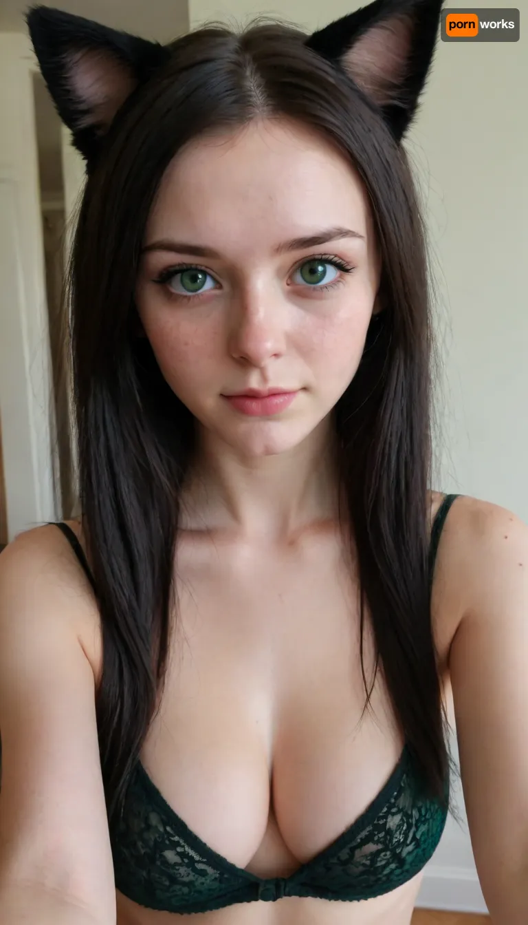 Amateur selfie, long black hair, green eyes, cat ears, freckles everywhere, tight and firm, 18 years old girl, very slim girl, Best quality, realistic, slim waist, nice perky tits, large breasts, Looking at the camera, fresh face, shy look, pale, very petite girl, very detailed, <lora:eGirls_XL_v1:.9>