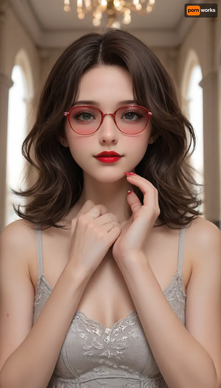 The image shows a yo girl wearing a sleeveless gray dress with decorative details on the shoulders. She has long, wavy brown hair and is smiling while applying red lipstick. She holds a red lipstick in one hand and a compact mirror in the other, which is partially open. Red sunglasses rest on top of her head, and she has pinky-red nail polish, matching her lipstick. The background is plain and light-colored, emphasizing her as the focal point.