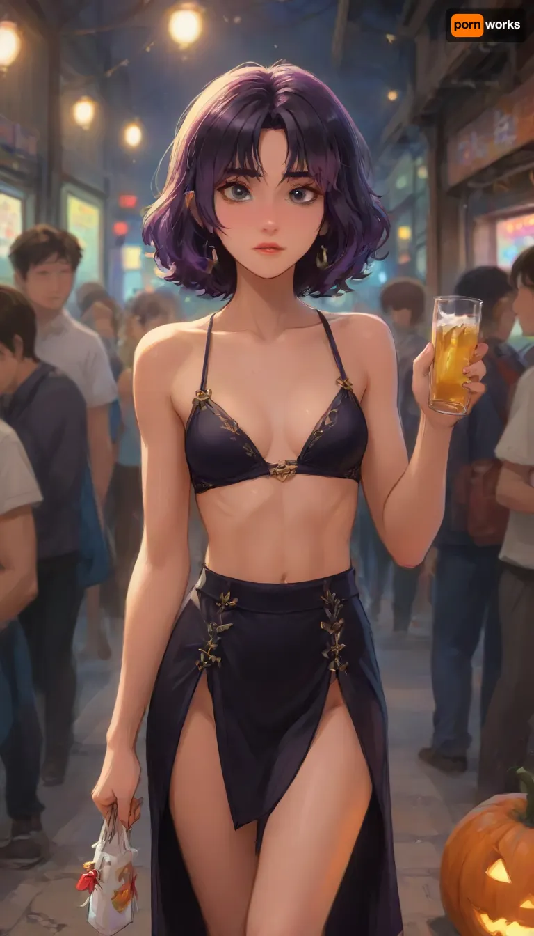 Andava, Andavaverse, Angelia Pelo Roth Enjoying A Halloween Nightout With Friends Drinking And Partying.

ANGELIA PELO ROTH, Italian-Korean, female, Height 5'3, A confident young woman with wavy shoulder-length hair black at the roots and dyed in rich two-tone purple with slight magenta highlights, parted slightly to the side, bright-grey eyes, She has a toned body, small breasts, athletic body, toned abs, Her expression is confident and playful, slightly smug or teasing. Her aesthetic is alt-girl, modern streetwear with punk/grunge influence.

perfect anatomy, best quality, 8k, insane details, intricate details, hyperdetailed, hyper quality, ultra detailed, professional, HDR, ray tracing reflection, cinematic lighting, highlydetailedbody, realisticface, highlydetailedhair, perfectfingers, insanelydetailed, 8K.highdetailedskin, highresolution, (j_cartoon:1.5), Drawing, Andi, uberfit, muscular, athletic, <lora:467443_training_data:2>, <lora:detailed_notrigger:2>, <lora:samdoesarts1.1-000030:.4>, <lora:J_cartoon:.3>, <lora:Animated_Concept:.4>