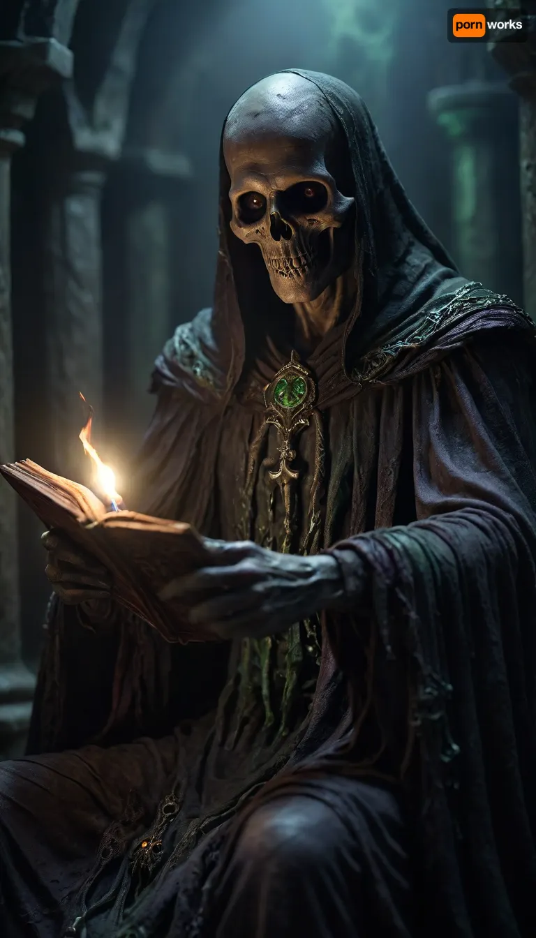 highly detailed horror photo of a, (lich), 1.0 in an occult arcane tomb, pieces of dead flesh, rot, green glow, rune staff, decay, lich, solo, holding, male focus, book, cloak, robe, holding book, magic, glowing, occult, (depth of field:1.2), blurry, blurry background, (realistic:1.3), photorealistic, fantasy, cinematic, 32k, best quality, (light and dark:1.2), (shadow play:1.2), <lora:RPGLichXL:2>, Dark, Fantasy, page, <lora:Dark Fantasy:.8>