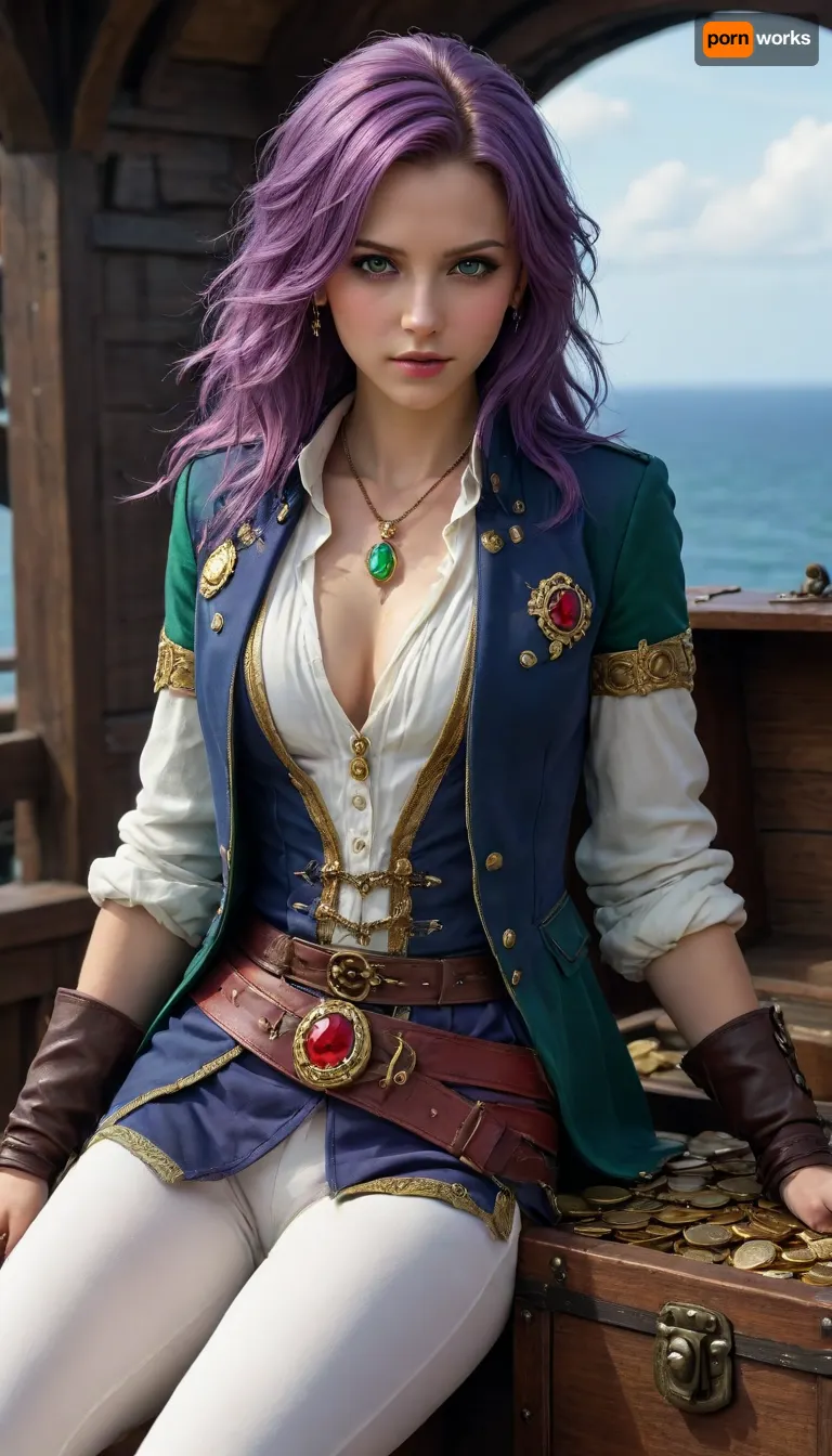 1girl, Faris Scherwiz, Final Fantasy, satisfied face, side-parted big locks of hair, disheveled, green eyes, deep cleavage, (legs spread), tight white trousers, black boots with yellow prints, sitting on big treasure chest, touching breasts, shiny golden coins, jewelry, red jewels, green emeralds, blue sapphire, diamonds, F4r1s, Sch3rw1z, purple, hair, jacket, tunic, jewel, Captain, <lora:Faris_Scherwiz:.8>, <lora:jewelry:.8>, <lora:add-detail-xl:.8>