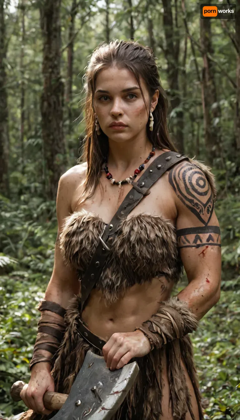 female barbarian, Dungeons and Dragons style, standing in a dense forest clearing after battle, wearing fur and leather armor adorned with bone and beads, muscular and scarred, holding a massive greataxe resting on her shoulder, tribal tattoos on arms, blood and dirt on her skin, wind blowing through her hair, cinematic natural lighting, photorealistic textures, ultra-detailed, 8k, RAW photo, realistic fantasy portrait, earthy tones, atmosphere of raw strength and pride