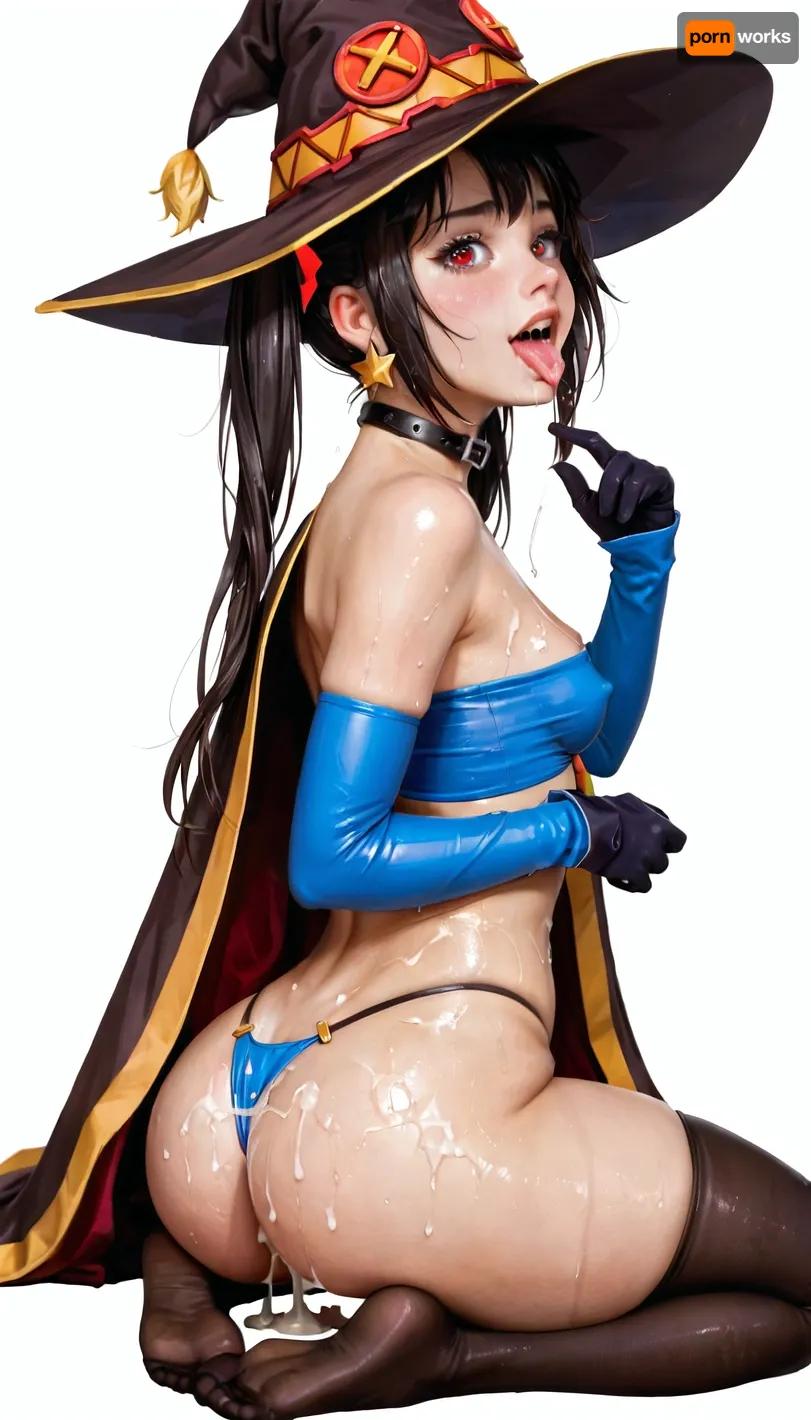 Megumin from konosuba, pleasure face, wet skin, small breast, megumin hat, perfect teeth, small tits, cleavage, realistic face, sexy wear, perky, thick thighs, (thick hips), very petite, thong, dynamic pose, very wide thigh gap, very tight, long black latex socks, sexy dynamic pose, thin tube top, cum everywhere, under boob, butt up, back view, detailed choker, full body, tongue, out, ahegao, drool, NEGATIVE_HANDS, (ultra, HD, quality, details), mona, 1girl, twintails, long, hair, witch, hat, pantyhose, gloves, black, choker, jewelry, cape, gold, trim, blue, leotard, earrings, detached, sleeves, star, (symbol), ornament, green, eyes, fur, collar, parkle, print, <lora:ahegao_mr_chrisma:.8>, <lora:sfb_v3:.8>, <lora:ahxl_v1:.8>, <lora:monax_xl:.8>