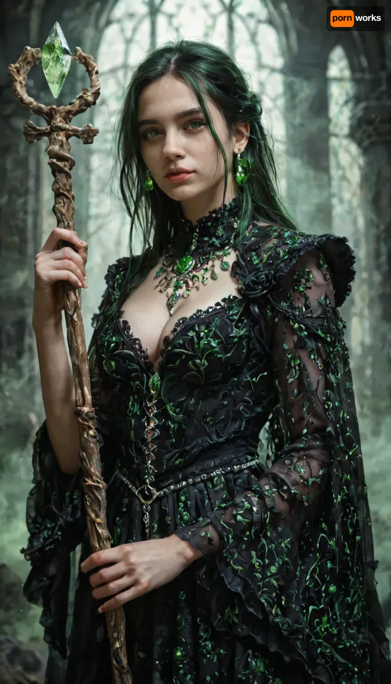 Anastasya from Heroes of Might and Magic VI, standing in a shadowy necropolis lit by cold green light, wearing detailed elegant black and silver necromancer robes with bone and crystal details, ((detailed pale skin with faint green glow)), glowing green aura, detailed piercing green eyes, short black hair flowing in the wind, medium breasts, cleavage, pubic hair, ghostly spirits swirling around her, holding an ornate staff topped with a skull and gem, perfect hands and fingers, cinematic moody lighting, photorealistic textures, ultra-detailed, 8k, RAW photo, realistic dark fantasy portrait, gothic atmosphere, fog and depth of field