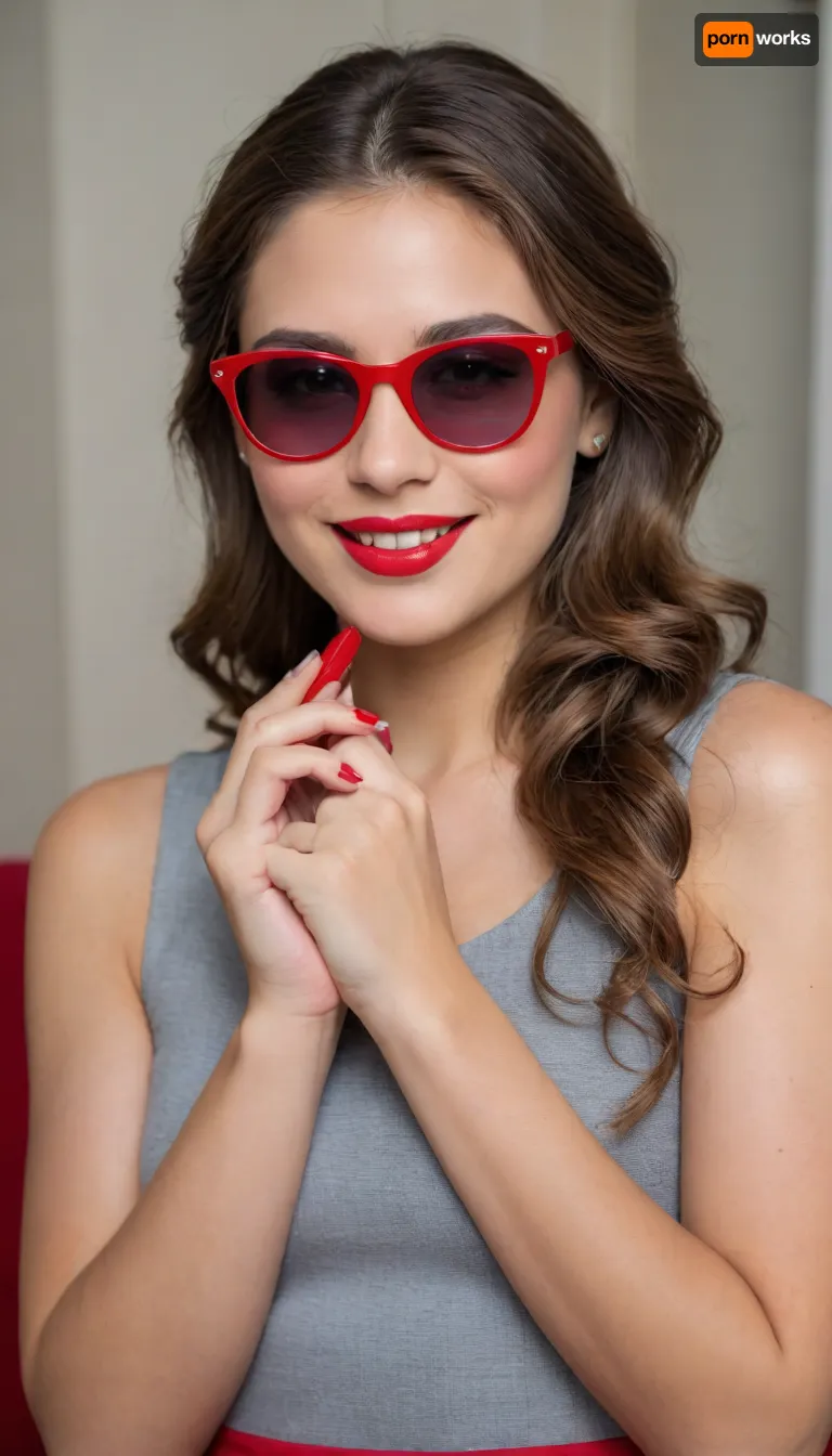 The image shows a yo girl wearing a sleeveless gray dress with decorative details on the shoulders. She has long, wavy brown hair and is smiling while applying red lipstick. She holds a red lipstick in one hand and a compact mirror in the other, which is partially open. Red sunglasses rest on top of her head, and she has pinky-red nail polish, matching her lipstick. The background is plain and light-colored, emphasizing her as the focal point.