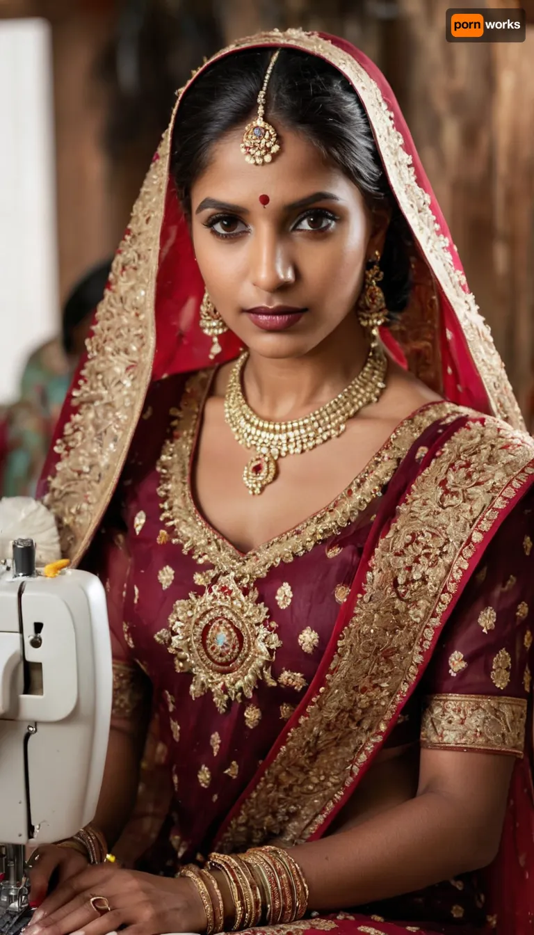 ((luxurious, chic wedding lehenga choli)), (choli blouse, lehenga skirt, and dupatta), (velvet fabric), (transparent dupatta), ((rich burgundy color)), (heavy gold embroidery), (rich floral patterns), gold threads, beads, sequins, (on a mannequin), (Indian patterns), (traditional Indian wedding attire), (elegant), (full skirt), worn on a mannequin in, (double exposure, (picture within a picture), (exquisite workmanship), (high detail), (deep focus), (photorealism:1.3), (studio lighting:1.2), (soft shadows), (Indian seamstress with dark skin and bright Indian facial features, with Indian lips and slightly protruding Indian eyes, with an Indian nose, with a bindi on her forehead:1.6), (wearing a blue sari), (kneeling in front of a mannequin), (double exposure), (with a needle in her hand, embroidering a wedding sari with gold thread), (in a cramped workshop with a sewing machine in the background:1.2), (warm colors), (clear details), professional photography, 8k, ultra HD.)