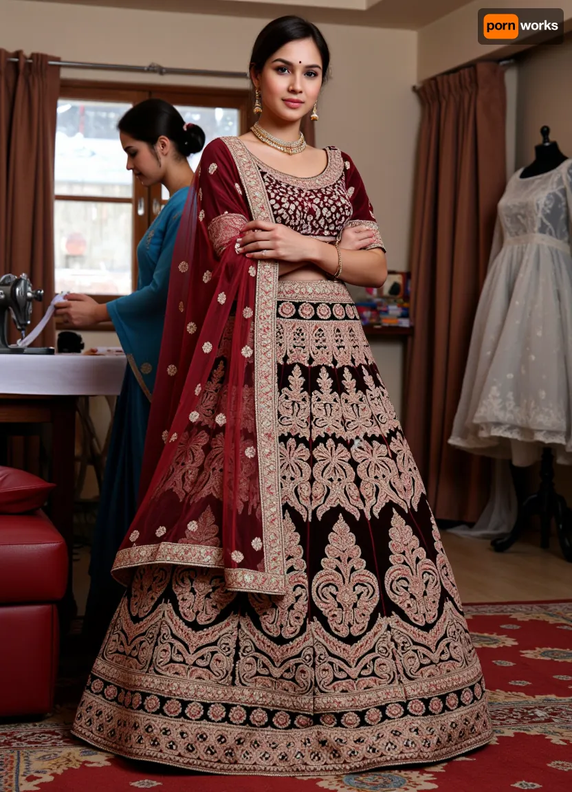 ((luxurious, chic wedding lehenga choli)), (choli blouse, lehenga skirt, and dupatta), (velvet fabric), (transparent dupatta), ((rich burgundy color)), (heavy gold embroidery), (rich floral patterns), gold threads, beads, sequins, (on a mannequin), (Indian patterns), (traditional Indian wedding attire), (elegant), (full skirt), worn on a mannequin in, (double exposure, (picture within a picture), (exquisite workmanship), (high detail), (deep focus), (photorealism:1.3), (studio lighting:1.2), (soft shadows), (Indian seamstress with dark skin and bright Indian facial features, with Indian lips and slightly protruding Indian eyes, with an Indian nose, with a bindi on her forehead:1.6), (wearing a blue sari), (kneeling in front of a mannequin), (double exposure), (with a needle in her hand, embroidering a wedding sari with gold thread), (in a cramped workshop with a sewing machine in the background:1.2), (warm colors), (clear details), professional photography, 8k, ultra HD.)