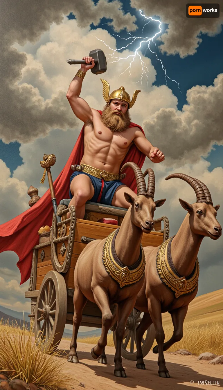 Retro sketch in colored pencils {Scandinavian god of thunder, (Thor:1.4), sitting on a cart drawn by two goats with, (Mjölnir hammer:1.3), in his raised right hand, left hand clenched into a fist and stretched forward, cloudy sky, lightning, (beard:1.2), (winged helmet:1.3), (red cloak:1.1), (gold belt:1.3), (loincloth:1.4), (detailed clouds:1), (epic composition:1.2), classical realism, (rich textures:1.1), (deep shadows:1), dramatic lighting, (golden-brown color palette:1.2), }. colorful, contrast, tone, texture, details, stylish, elegant