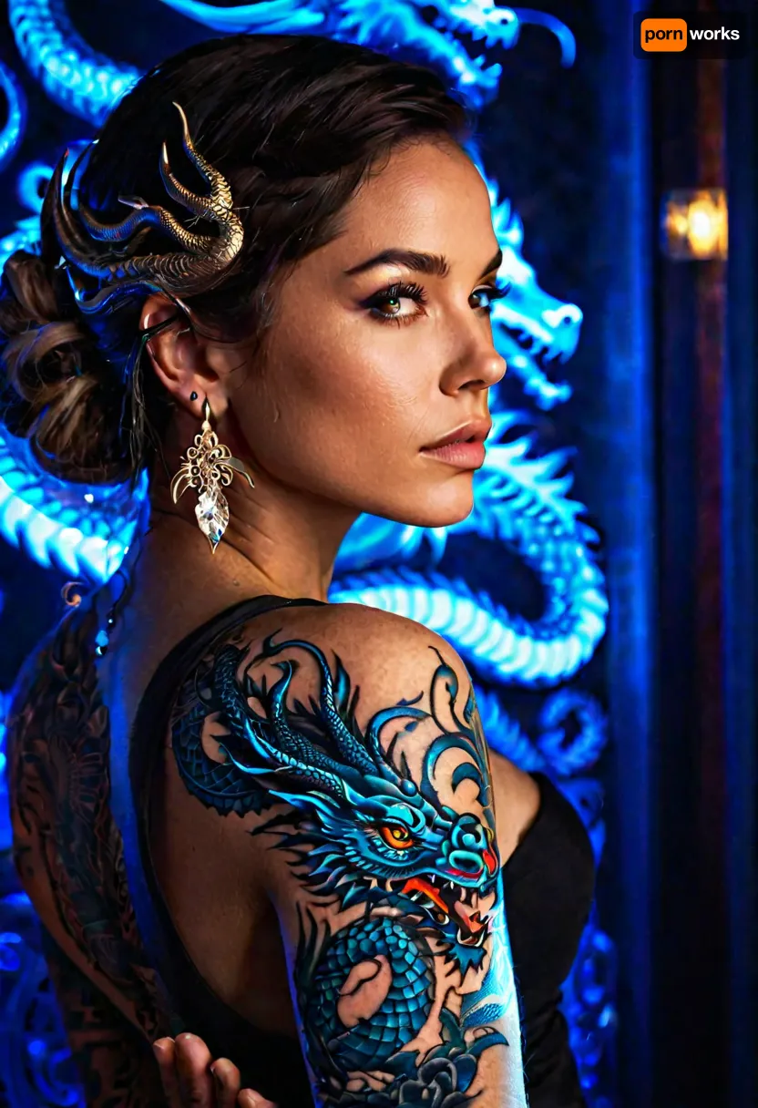 Close-up portrait of a mysterious woman with an intricate glowing dragon tattoo in brilliant blue light. The tattoo covers part of her arm and face, creating a transcendent and supernatural light. The woman's facial expression is calm and focused, with delicate features and hair adorned with elegant accessories. The background is dimly lit, highlighting the neon lights of the tattoo. His clothes are dark, making his bright tattoos stand out. The general atmosphere is futuristic and mysterious.