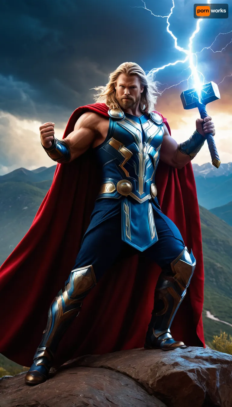 (mighty Thor:1.3), in a fighting stance, (gold and blue armor:1.2), red cloak, Mjolnir with lightning, (luxuriant blond hair:1.1), beard, (muscles:1.2), (epic scene:1.1), (mountain background:1.1), stormy sky, bright lightning, dramatic lighting, cinematic lighting, (high detail), realistic details, textured skin, (bright colors), studio-quality photo, studio shot, (depth of field), blurred background.