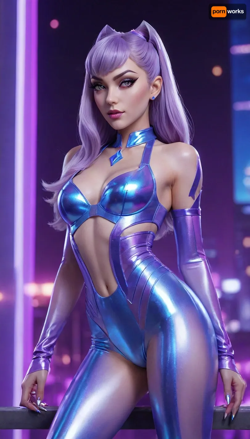 background is a blue Studio, she's have Evelynn K/DA ALL OUT appearance, League of Legends, female character, glamorous, seductive expression, long lavender hair, silver-blue outfit, holographic texture, high heels, elegant pose, glowing lights, futuristic city background, neon colors, detailed face, perfect makeup, shiny latex fabric, cinematic lighting, ultra detailed, high quality, masterpiece, 8k, hyperrealistic, fantasy pop idol aesthetic, holographic reflections, vibrant atmosphere, confident attitude, stylish diva, <lora:EvelynnKDA-000007:1.2>